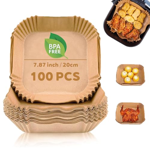 Velrithia Backpapier für Heißluftfritteuse,100 Stück 20-24cm Airfryer Backpapier,Antihaft Wasserdicht Ölfest Einwegschalen Pergamentpapier Liner für4.5-8L Bratpfanne Ofen Mikrowelle(Quadratisch) von Velrithia