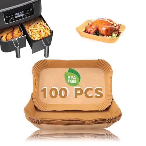 Velrithia Backpapier für Heißluftfritteuse Ninja,100 Stück 20x13cm Airfryer Backpapier,Antihaft Wasserdicht Ölfest Einwegschalen Pergamentpapier Liner für Ninja Dual Zone Air Fritteuse(Rechteck) von Velrithia