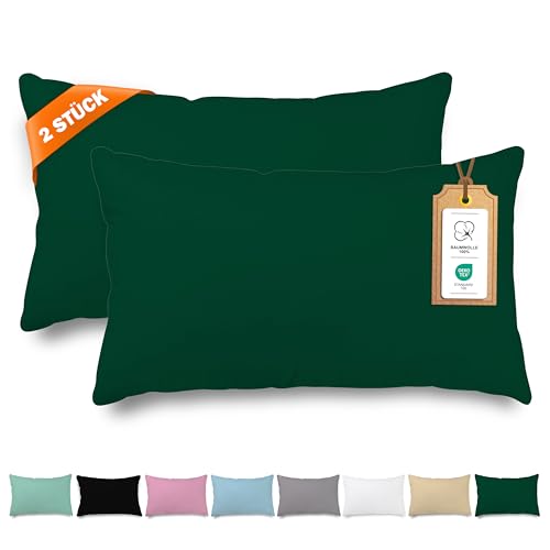 Veluna Home Kissenbezug 40x60cm - 100% Baumwolle(2er-Set) - Dunkelgrün - Dicht gewebt mit 57 Fäden/cm² - Kopfkissenbezug - Oeko Tex Zertifiziert - Kissenhülle mit Reißverschluss (Dunkelgrün, 40x60 cm) von Veluna Home