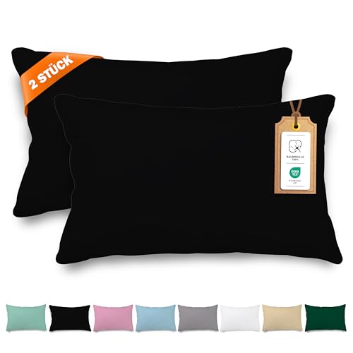 Veluna Home Kissenbezug 40x60cm - 100% Baumwolle(2er-Set) - Schwarz - Dicht gewebt mit 57 Fäden/cm² - Kopfkissenbezug - Oeko Tex Zertifiziert - Kissenhülle mit Reißverschluss (Schwarz, 40x60 cm) von Veluna Home