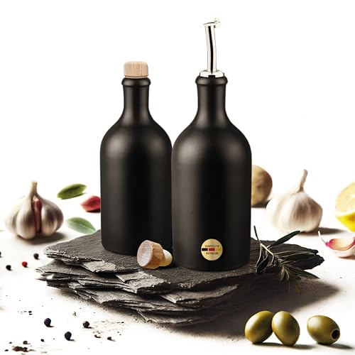 Veluxis Öl & Essig Flaschen-Set I 2x 500ml Feinsteinzeug Flaschen mit tropffreiem Ausgießer inkl. 2x Ersatzdeckel I Made in Germany I 100% UV-Schutz, lebensmittelechte Materialien I Geschenkset von Veluxis