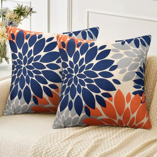 Velvhom Kissenbezüge Dekokissen Winter Leinen Kissenbezug Dekokissen Kissenhülle Sofakissen Dahlie Orange Blau Grau Deko Bezug Couchkissen Zierkissen Kissen für Sofa Wohnzimmer Schlafzimmer 45x45 cm von Velvhom