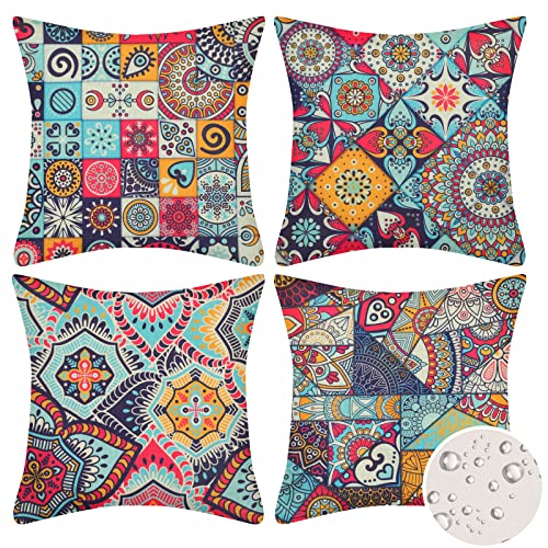 Velvhom 4 Stück Dekorative Kissenbezüge 40 x 40 cm Hippie Boho Blumen Outdoor Kissenbezüge Wasserdichtes Baumwollleinen Quadratische Kissenbezüge für Sofa Draussen Innen Wohnkultur 16 x 16 Zoll von Velvhom