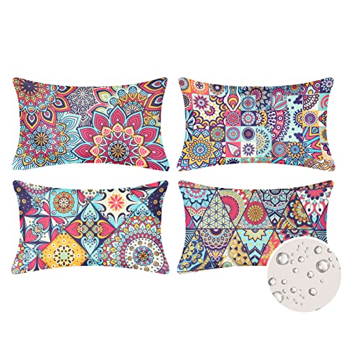 Velvhom 4er Set Boho Kissenbezug Bunt Geometrisch Muster Dekorativ Kissenhülle Draussen Dekokissen 30x50cm Wasserdicht Baumwolle Leinen Mandala Kissen Fall für Zuhause Couch Auto,12x20Inch von Velvhom