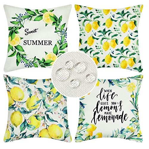 4er Set Kissenbezüge Zitrone Sommer Obst Dekorative Kissenhülle Outdoor Wasserdichte Leinen Zierkissenbezüge Tropische Pflanzen Grüne Blätter für Sofa Balkon Terrasse Patio Garten Außen 40x40cm von Velvhom