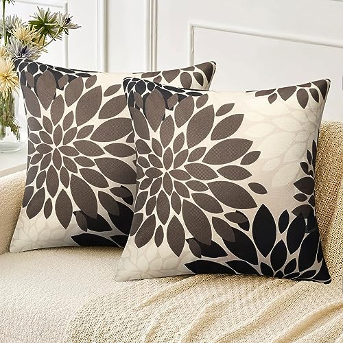 Velvhom Deko Kissen Bezüge Braun Schwarz Dahlie Blumen Boho Kissenbezug 45x45 Leinen Sofakissen Kissenhülle Abstrakt Outdoor Kissen Zierkissenbezüge für Wohnzimmer Schlafzimmer Sofa Stuhl Wohnkultur von Velvhom