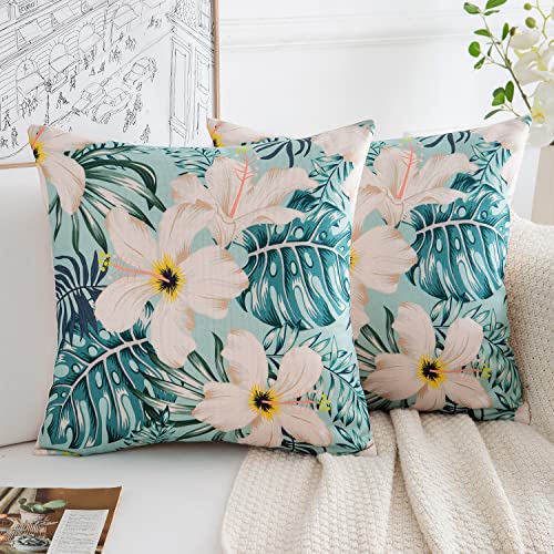 Kissenbezug Grüne Blätter Blumen Outdoor Kissen Tropische Pflanze Dekorative Kissenhülle Sofakissen Zierkissen Couchkissen Dekokissen Bezug für Sofa Couch Wohnzimmer Schlafzimmer 45x45 cm 2er Set von Velvhom