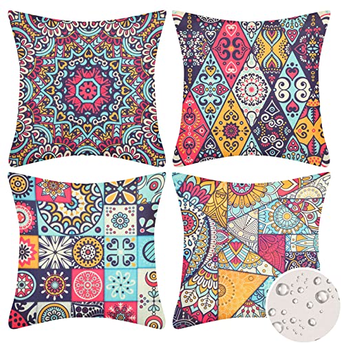 Mandala Zierkissenbezüge Wasserabweisender Kissenbezüge 40 x 40 cm Außenbereich Hippie Dekorative Quadratische für Schlafsofa Stuhl Zelt Balkon Couch Schlafzimmer Wohnzimmer, 16 x 16 Inch, 4 Stück von Velvhom