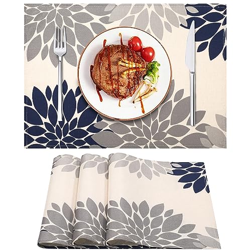 Platzsets Tischsets Abwaschbar 4er Set Navy Blau Dahlia Platzdeckchen Linen Wasserdicht Tisch-Set Tisch-Matten für Speisetisch Esstisch Küche Tisch Dekoration Drinnen Urlaub Party Dekor 32x45cm von Velvhom