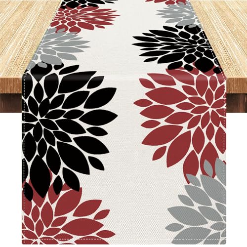 Tischläufer Modern Tischläufer Schwarz Rot Grau Herbst Geometrisch Dahlien Mode Tischmatte Dekorativer Leinen Waschbar Tischdecke Tischläufer Hochzeit für Esszimmer Party Urlaub Bankett 40 x 140 cm von Velvhom