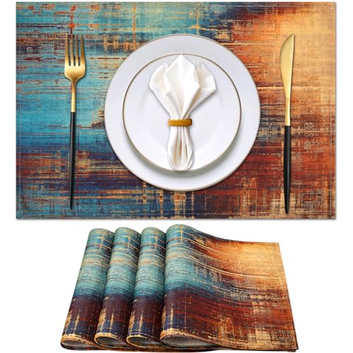 Tischset Platzsets Abwaschbar Leinen Tischsets Wasserdicht Boho Herbst Winter 4er Set Ölgemäldemuster Orange Blau Platzdeckchen Deko für Küche, Zuhause, Restaurant, Speisetisch,45x32cm von Velvhom