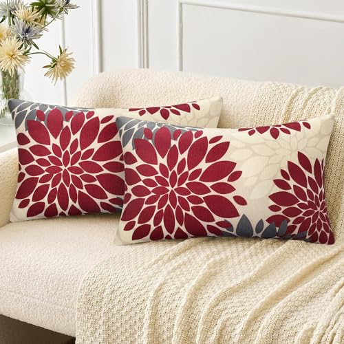 Velvhom 2er Set Kissenbezüge Leinen Dekokissen Kissenbezug Sofakissen Dekorativ Couchkissen Rot und Grau Deko Kissen Dahlie Blumen Kissenhülle Bezug Weich für Wohnzimmer Schlafzimmer 30x50 cm von Velvhom