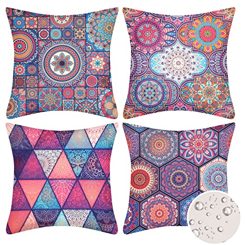 Velvhom 4 Stück Wasserdicht Kissenbezug Leinen Kissenhülle 50x 50 cm Boho mit Bunt Geometrisch Muster Dekokissen Mandala Dekorativ Abstrakt Zierkissenbezüge für Garten Terrasse Bank Büro Cafe Büro von Velvhom