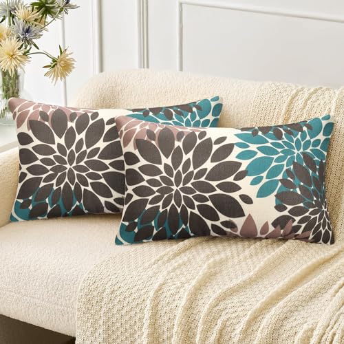 Velvhom Kissenbezüge Dekokissen Modern Kissenhülle Leinen Kissenbezug 30x50cm Sofakissen Braun und Blaugrün Dahlie Blumen Couchkissen Deko für Sofa Schlafzimmer Wohnzimmer Balkon 2er Set von Velvhom