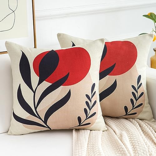 Velvhom Kissenbezug 40 x 40 cm Abstrakte Boho Blätter Dekorative Sofakissen Dekokissen Kissenhülle Leinen Geometrisch Rot Herbst Winter Zierkissenbezüge für Sofa Schlafzimmer Wohnzimmer von Velvhom