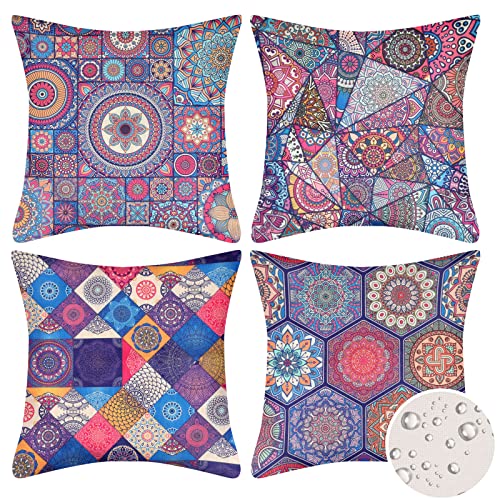 Velvhom Kissenbezug 50x50 Wasserdicht Outdoor Boho Stechapfel Blüten Dekokissen Mandala Orientalisch Lila Geometrische Blumen Bunt Muster 4er Set Abstrakt Dekorativ Kissenhülle für Garten Terrasse von Velvhom