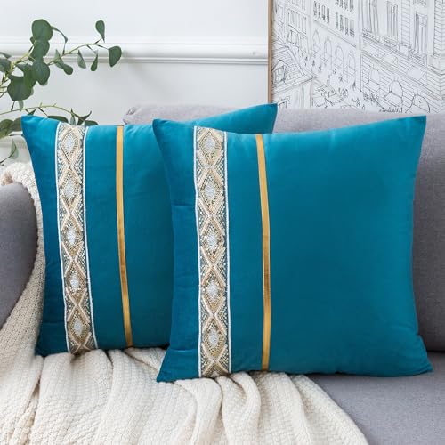 Velvhom Kissenbezug 50x50cm Samt Sofakissen Dekokissen Böhmen Blaugrün Soft Patchwork Dekorative Kissenhülle 2er Set Luxus Zierkissenbezüge für Sofa Schlafzimmer Büro Auto Wohnzimmer von Velvhom