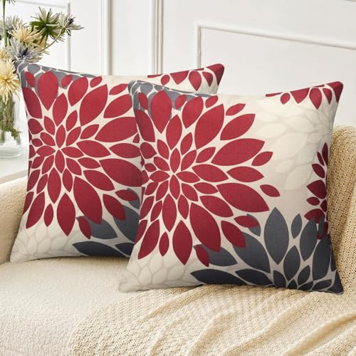 Velvhom Kissenbezug Leinen Rot und Grau 2er Set Deko Kissen Bezug Dahlie Blumen Kissenbezüge Kissenhülle Sofakissen Weich Zierkissen Kissen für Couch Sofa Wohnzimmer Schlafzimmer 40x40 cm von Velvhom