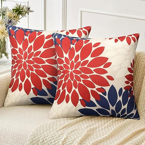 Velvhom Kissenbezug Sofakissen Leinen 2er Set Orange und Blau Dahlie Blumen Kissenhülle Frühling Sommer Herbst Winter Modern Weihnachten Deko Kissenbezüge für Wohnzimmer Garten Sofa Couch Kissen von Velvhom