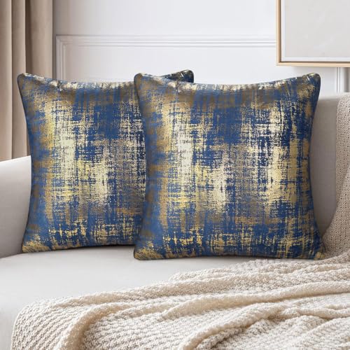 Velvhom Samt Kissenbezug 40 x 40 cm Kissenhülle Sofakissen Dekokissen Moderne Marineblau Gold Muster mit Unsichtbarem Reißverschluss 2 Stück Dekorative Kissenbezüge für Couch Schlafzimmer Auto von Velvhom