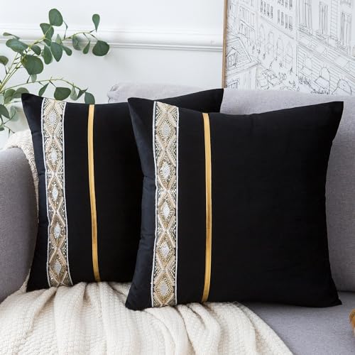 Velvhom Samt Kissenbezug 50 x 50 cm Schwarz Dekorative Kissenhülle Modernen Luxuriösen Sofakissen Gold Gestreiftem Leder Patchwork 2 Stück für Zuhause Bett Sofa Wohnzimmer von Velvhom