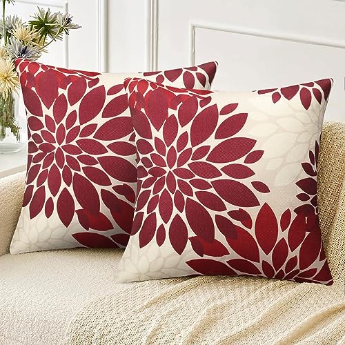 Velvhom Sofakissen Kissebezüge 40x40 cm Rot Weiss Kissenbezug Leinen Abstrakt Dahlie Blume Outdoor Kissen für Wohnzimmer Schlafzimmer Garten Sofa Couch Kissen Deko 2er Set von Velvhom