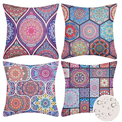 Velvhom Sofakissen Kissenbezug Wasserdicht 50 x 50cm Gartenmöbel Kissenhüllen Blumen Mandala Boho Hippie Outdoor Dekokissen Bezüge für Garten Terrasse Bank Bed Büro Cafe Büro,4 Stück von Velvhom