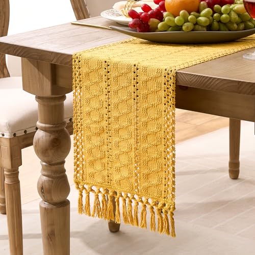 Velvhom Tischläufer Modern Frühling Boho Gelb Makramee Bauernhaus Tischläufer Modern Rustikaler Landhausstil mit Häkelspitze Quasten für Urlaub Party Hochzeit Küche Tischdeko 30x140cm von Velvhom