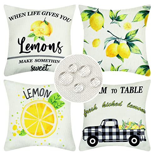 Velvhom wasserdichte Zierkissenbezüge Sommer Außen Leinen Kissenbezüge 45 x 45 cm Kissenhülle Frucht Zitrone und Gitter Dekorative 4er Set für Sofa Balkon Terrasse Patio Garten Outdoor von Velvhom