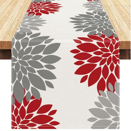 Tischläufer Frühling Modern Wohnzimmer Tischläufer Rot Sommer Dahlie Blumen Tischdecke Geometrische Blumen Leinen Tischläufer für Esstisch Hochzeit Party Rustikale Hochzeit 33 x 183 cm von Velvhom