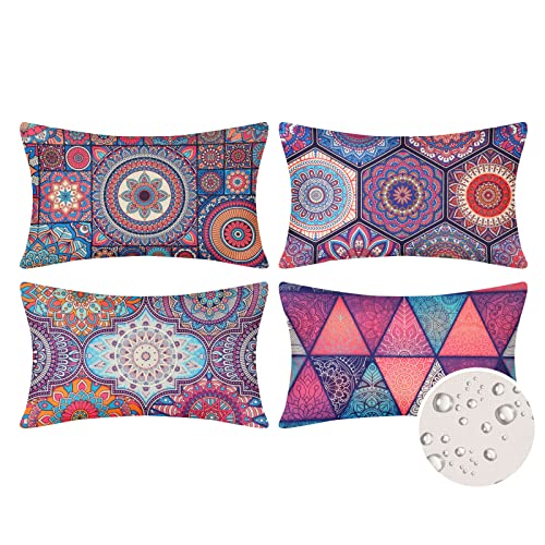 Velvhom Zierkissenbezüge Kissenbezug Mandala Blumen Lila Boho Dekokissenbezüge Leinen Wasserdicht Outdoor Kissenbezüge Dekorativ für Garten, Terrasse, Bank, Wohnzimmer, Sofa 30 x 50 cm,4er-Set von Velvhom