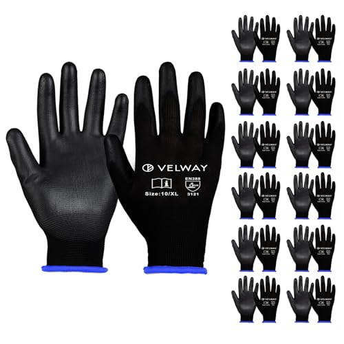 Velway 12 Paar Arbeitshandschuhe Mechaniker Handschuhe - Größe 10 Leichte Damen Gartenhandschuhe Rutschfeste mit PU-Beschichtete Herren Montagehandschuhe Atmungsaktive Handschuhe EN388 - Schwarz von Velway