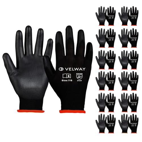 Velway 12 Paar Arbeitshandschuhe Mechaniker Handschuhe - Größe 7 Leichte Damen Gartenhandschuhe Rutschfeste mit PU-Beschichtete Herren Montagehandschuhe Atmungsaktive Handschuhe EN388 - Schwarz von Velway