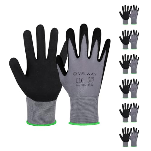 Velway 6 Paar Arbeitshandschuhe Mechaniker Handschuhe Männer - Größe 8 Nylon Nitrilbeschichtet Gartenhandschuhe Frauen - Rutschfeste Bauhandschuhe Leichte Atmungsaktive EN388 Handschuhe - Grau von Velway