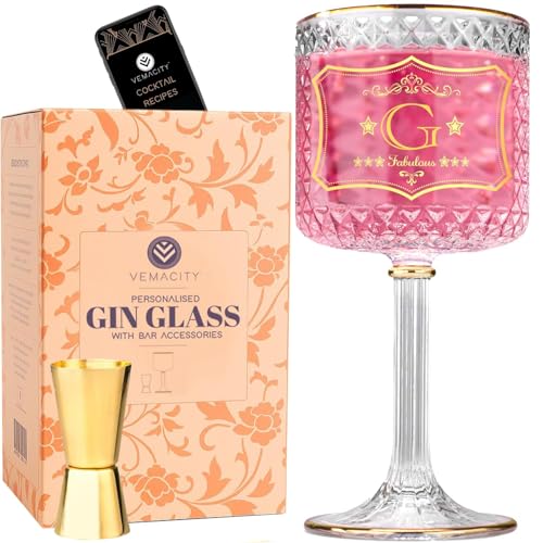 Vemacity Gin-Gläser-Set Personalisiert – Gin-Glas mit Gravur (G) | 3 Goldränder, Cocktail-Löffel & Jigger | Geschenkbox + e-Book | Luxuriös Gewichtet von Vemacity