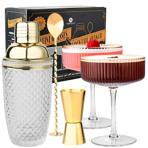Vemacity Cocktail Set– Glas Cocktail Shaker mit Sieb 450ml | Inkl. 2 Espresso Martini Gläser mit Goldrand, Gold Bar Spoon & Jigger | Elegantes Barkeeper-Set | Mix-Set | Cocktailgläser + Cocktailshaker von Vemacity