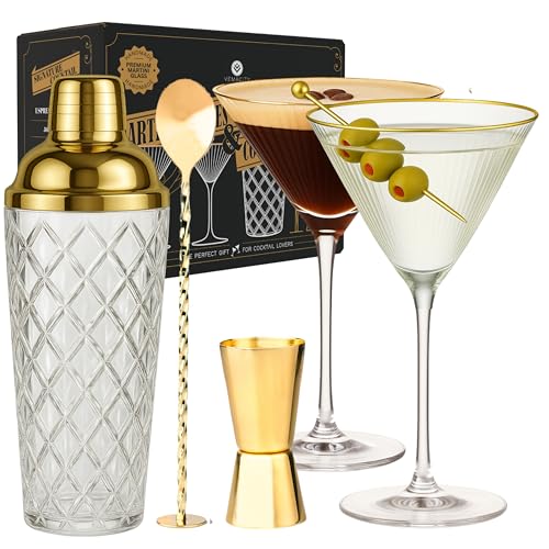 Vemacity Cocktail Set– Glas Cocktail Shaker mit Sieb 450ml | Inkl. 2 Espresso Martini Gläser mit Goldrand, Gold Bar Spoon & Jigger | Elegantes Barkeeper-Set | Mix-Set | Cocktailgläser + Cocktailshaker Vemacity Cocktail Set– Glas Cocktail Shaker mit Sieb 450ml | Inkl. 2 Espresso Martini Gläser mit Goldrand, Gold Bar Spoon & Jigger | Elegantes Barkeeper-Set | Mix-Set | Cocktailgläser + Cocktailshaker von Vemacity