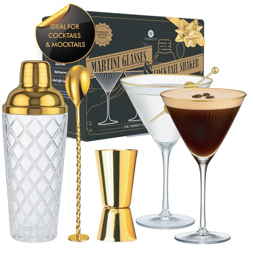 Vemacity Cocktail Set– Glas Cocktail Shaker mit Sieb 450ml | Inkl. 2 Espresso Martini Gläser mit Goldrand, Gold Bar Spoon & Jigger | Elegantes Barkeeper-Set | Mix-Set | Cocktailgläser + Cocktailshaker von Vemacity