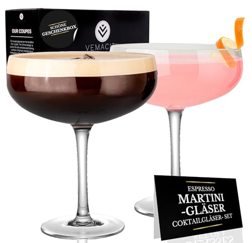 Vemacity Elegante Espresso Martini Gläser 2er Set | Handgefertigte Cocktailgläser Set | Ideal Champagner Schalen und Champagner Gläser | Edle Coupe für Margarita & Cocktails | Martinigläser von Vemacity