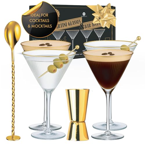 Vemacity Martini Gläser 4er Set (300ml) mit Goldrand | Gerippte Cocktailgläser im Luxus Geschenkset mit Goldlöffel & Jigger | Elegante Coupette Gläser für Espresso Martini, Margarita & Cocktails von Vemacity