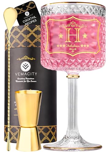Vemacity Gin-Gläser-Set Personalisiert – Gin-Glas mit Gravur (H) | 3 Goldränder, Cocktail-Löffel & Jigger | Geschenkbox + e-Book | Luxuriös Gewichtet von Vemacity