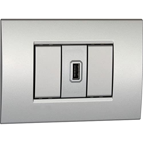 VEMER VE762400 POWER USB Ladegerät mit Wandmontage, für Einbaudosen 503, 504, 506, 1 Modul, kompatibel mit Hauptserien der Zivilbevölkerung, Silber Tech von VEMER