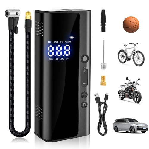 Elektrische Luftpumpe Wiederaufladbarer Elektrischer Fahrradpumpe 150PSI, 7.4V 8000mAh Mini Tragbare Für Auto,Motorrad,Fahrrad,Bälle,über USB-C wiederaufladbar, Als Taschenlampe und Powerbank von Vemfay