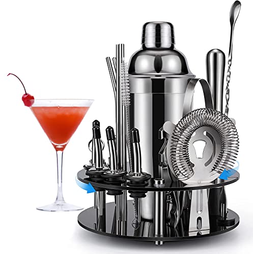 20 Teiliges Geschenkset Cocktail Set Shaker mit 360° Drehbarem Acryl Ständer | Cocktail Shaker Set Edelstahl | Cocktailshaker Geschenk Cocktail Bar Set Cocktailset Groß 750ML Cocktails Mixer von Vemingo