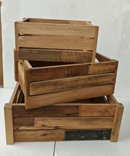 Set mit 3 stapelbaren Holzkisten, rustikale Aufbewahrungsboxen aus Holz mit ausgeschnittenen Griffen, dekorative Bauernhaus-Holzkörbe zum Ausstellen (Natur) von Venalys