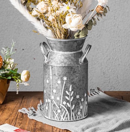 Vintage verzinkte Metall-Milchkanne, Bauernhaus-rustikale Blumenvase, dekorative Blumen-Milchkännchen-Vase für Heimdekoration, 27,4 cm hoch von Venalys