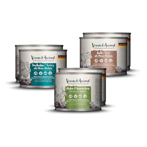 Venandi Animal Premium Nassfutter für Katzen, Probierpaket II, Huhn + Kaninchen, Kalb, Truthahn, 6 x 200 g, getreidefrei und naturbelassen, 1.2 kg von VenandiAnimal
