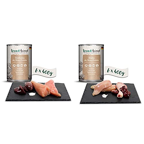 Venandi Animal Premium Nassfutter für Katzen, Truthahn als Monoprotein, 6 x 400 g, 2.4 kg & Premium Nassfutter für Katzen, Huhn als Monoprotein, 6 x 400 g, 2.4 kg von Venandi Animal