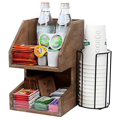 Vencipo Kaffee Zubehör Aufbewahrungsbox mit Metall Kaffeetasse Organizer, Kapselständer Holz für Organizer Küche, Regal Vintage für Zucker, Sirup, Tee, Milch, Servietten, Gewürz Zubehör Halter. von Vencipo