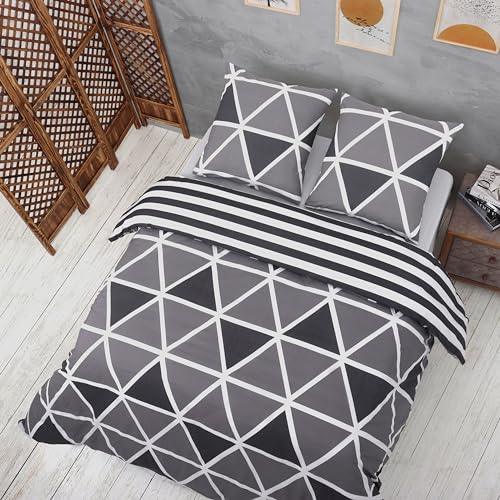 Vency Bettwäsche 200x200 3-Teilig Grau - Oeko-TEX 80% Baumwolle & 20% Polyester, 1x Bettbezug Reißverschluss + 2X Kissenbezug 65x65 Umschlagverschluss, Stripe Modell von Vency